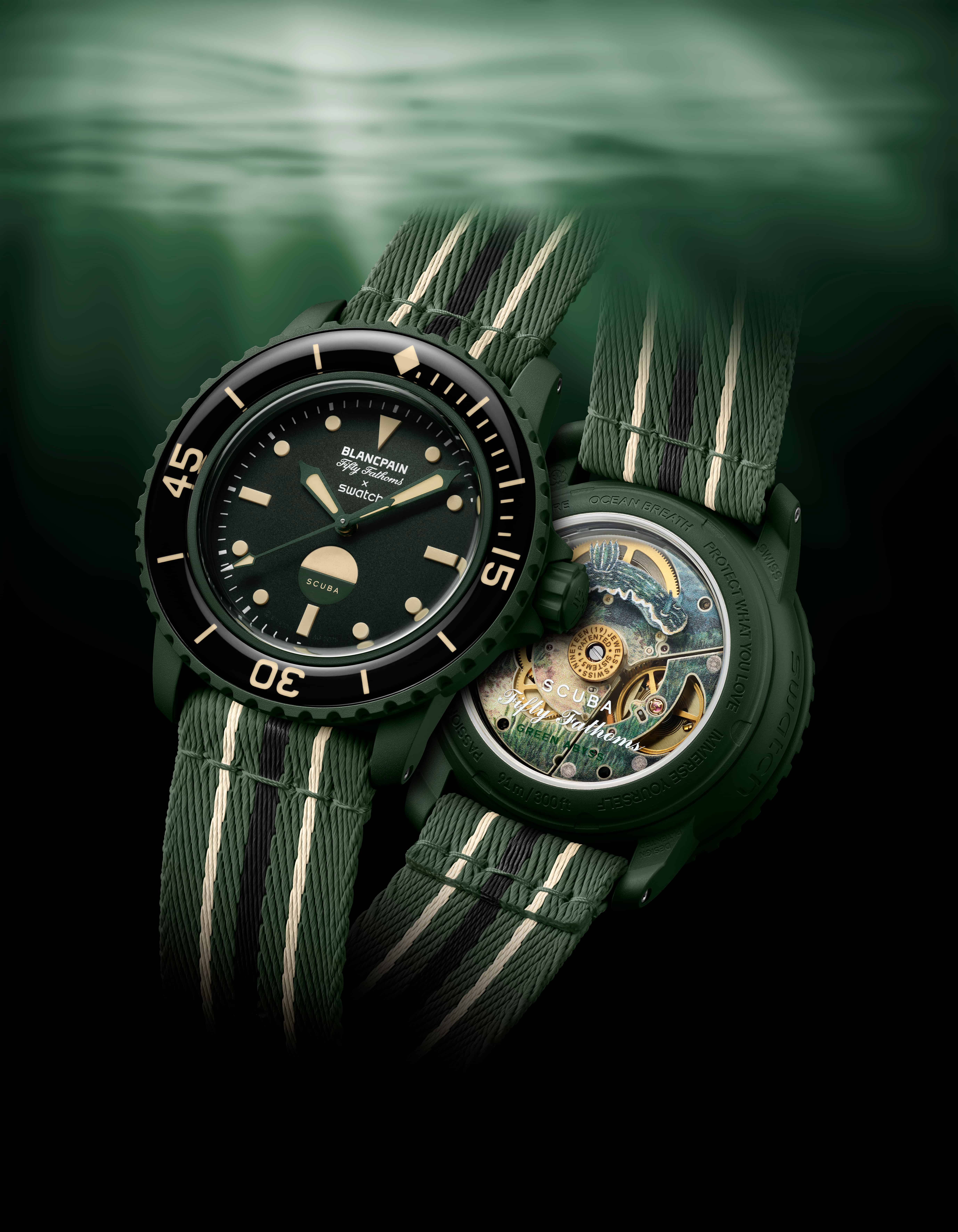 海にインスパイアされた、冒険心溢れるタイムピース：BLANCPAIN X SWATCH BIOCERAMIC SCUBA FIFTY FATHOMSコレクションに新作GREEN ABYSSが登場